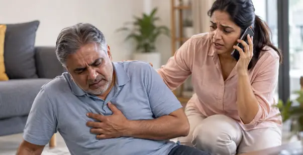 Older man clutching his chest on the floor while a worried woman speaks on a phone nearby, suggesting a medical emergency at home.