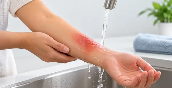 Person rinsing a reddened forearm burn under cool water at a sink.