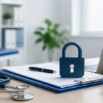 Blue lock on medical documents with stethoscope and laptop, symbolizing patient data privacy.