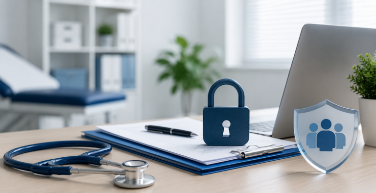 Blue lock on medical documents with stethoscope and laptop, symbolizing patient data privacy.