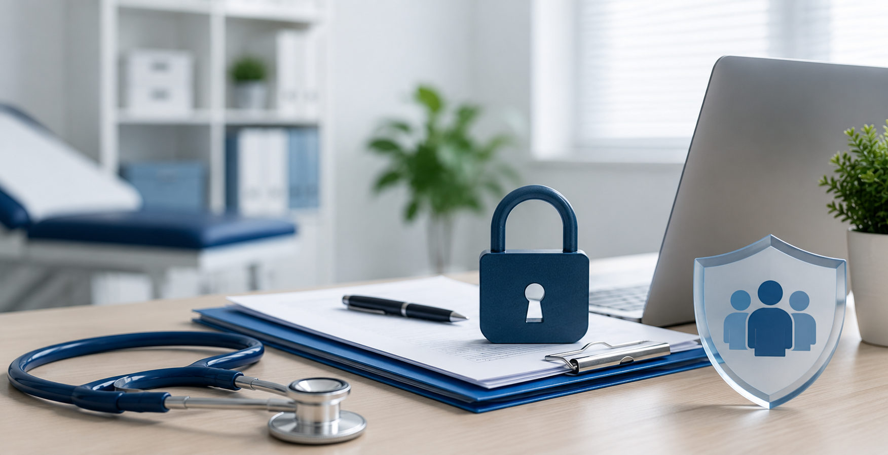 Blue lock on medical documents with stethoscope and laptop, symbolizing patient data privacy.