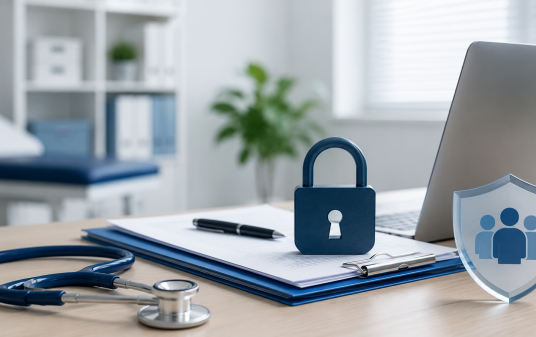 Blue lock on medical documents with stethoscope and laptop, symbolizing patient data privacy.