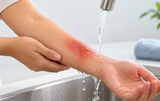 Person rinsing a reddened forearm burn under cool water at a sink.