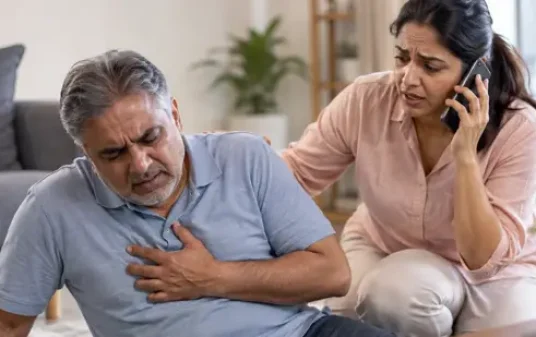 Older man clutching his chest on the floor while a worried woman speaks on a phone nearby, suggesting a medical emergency at home.